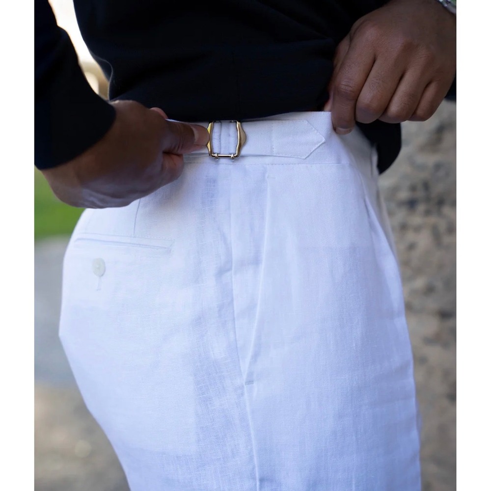 Collars & Co Mens Size 30x30 Linen Trousers White Side Adjuster Pleated Cuffed - Picture 10 of 10